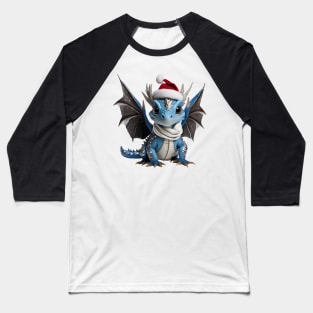 Realistic Artwork of a Cute Blue Baby Dragon Wearing a Red Santa Christmas Hat Baseball T-Shirt